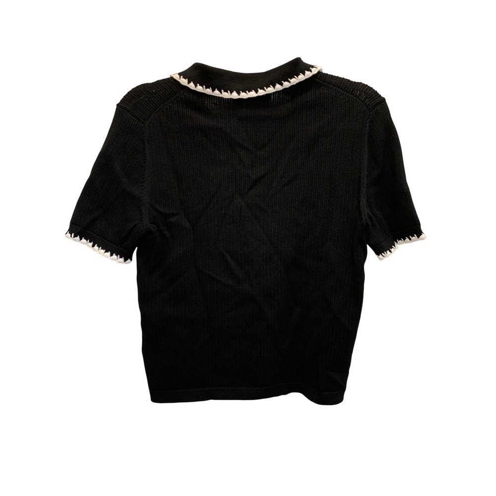 Caroline Constas Womens M Black Short Sleeve Knit Polo White Crochet Trim Top - Picture 2 of 8